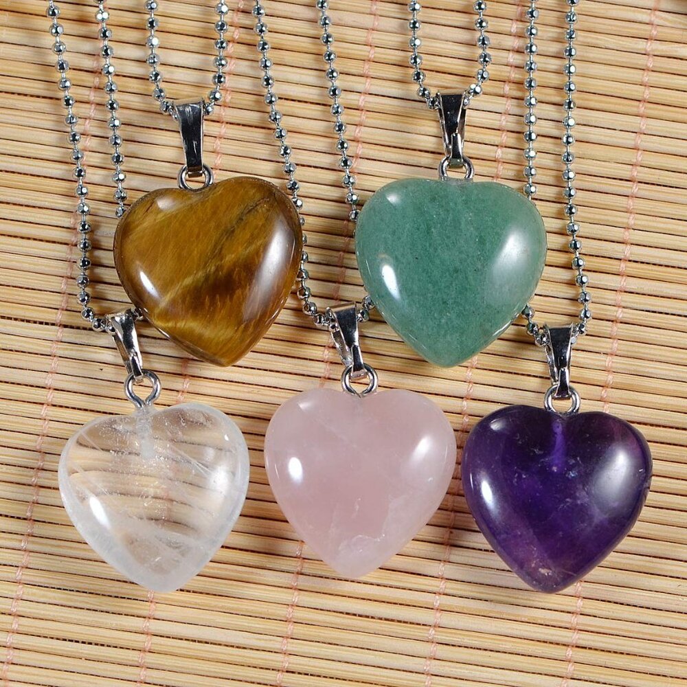 5 Pieces Heart Shape Natural Stone Necklace Chakra Beads Charms Crystal Heading - Picture 2 of 7